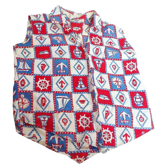 Vintage Sanfordized Nautical Anchor Novelty Sleeveless Button Down Top Size 10 - Picture 5 of 6